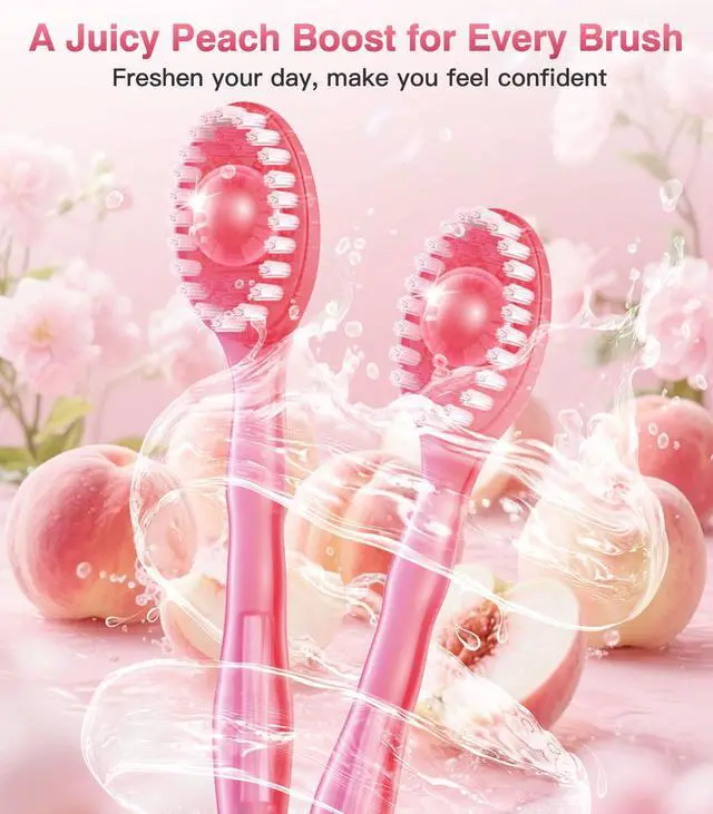 Alt view image 3 of 7 - 12 Pack 5 in 1 Disposable Mini Toothbrush Travel Set Peach Flavor | Individually Wrapped, Built-in Toothpaste, Floss, Tooth Pick, Tongue Scraper, Portable for Kids Adults