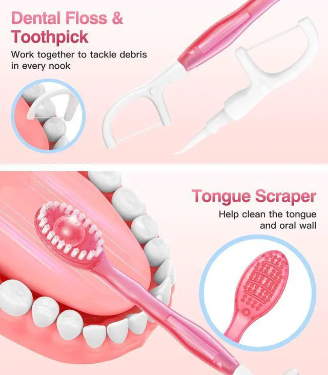 Alt view image 5 of 7 - 12 Pack 5 in 1 Disposable Mini Toothbrush Travel Set Peach Flavor | Individually Wrapped, Built-in Toothpaste, Floss, Tooth Pick, Tongue Scraper, Portable for Kids Adults