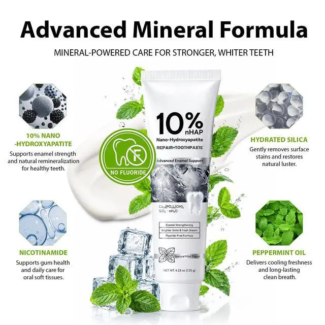 Alt view image 2 of 7 - 10% Nano Hydroxyapatite Toothpaste Fluoride Free for Remineralizing, Teeth Whitening, Fresh Breath, Enamel & Sensitive Teeth Safe|4 Oz