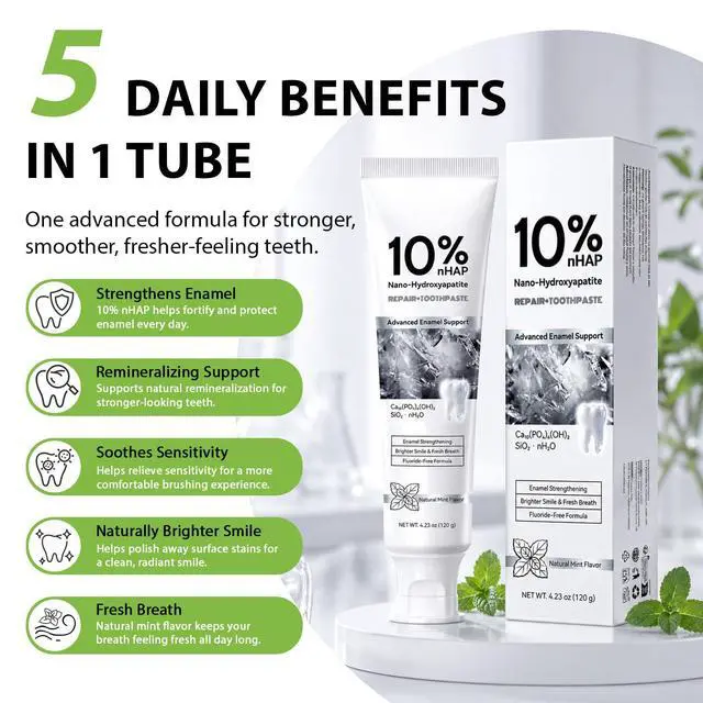 Alt view image 3 of 7 - 10% Nano Hydroxyapatite Toothpaste Fluoride Free for Remineralizing, Teeth Whitening, Fresh Breath, Enamel & Sensitive Teeth Safe|4 Oz