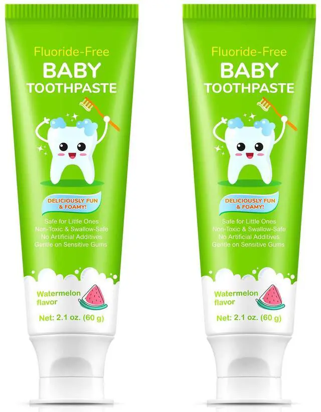 Main image of Fluoride-Free Baby Toothpaste for Ages 2-3 Natural Fruit-Flavored Mild Formula Pea-Sized Amount for Developing Teeth 2.1 oz (60g) (2 Pack, Watermelon)