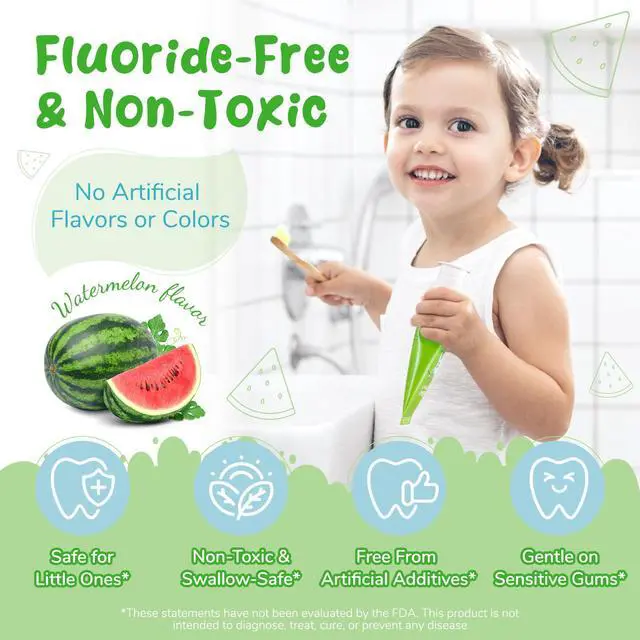 Alt view image 3 of 7 - Fluoride-Free Baby Toothpaste for Ages 2-3 Natural Fruit-Flavored Mild Formula Pea-Sized Amount for Developing Teeth 2.1 oz (60g) (2 Pack, Watermelon)
