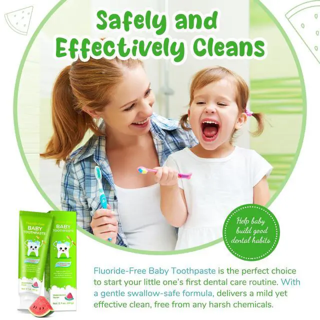 Alt view image 7 of 7 - Fluoride-Free Baby Toothpaste for Ages 2-3 Natural Fruit-Flavored Mild Formula Pea-Sized Amount for Developing Teeth 2.1 oz (60g) (2 Pack, Watermelon)