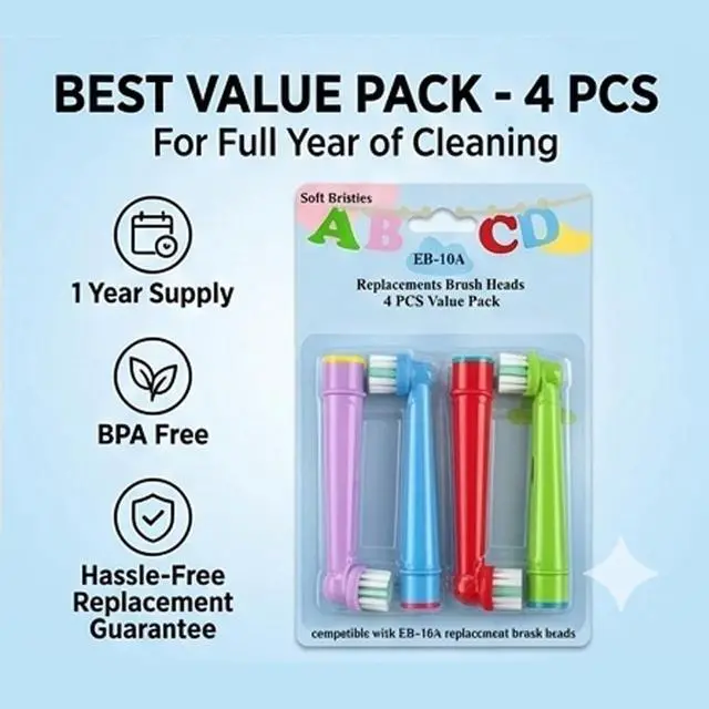 Alt view image 5 of 5 - Replacement Brush Heads Compatible with Oral-B Electric Toothbrush | Gentle Soft Bristles for Children, Fits Professional Care/Pro Health/3D Excel/D16/D20/D25/D30 OC18, 4-Pack Color Coded