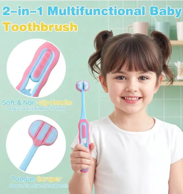 Alt view image 6 of 6 - 4 Pack Toddler Tooth Brush, Three Sided Toothbrush Soft Bristles | Easy Grip, Complete Oral Care, for Difficult Toddler