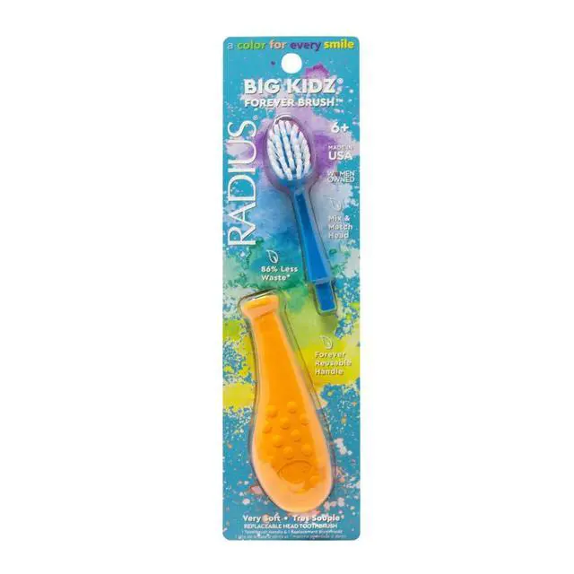 Alt view image 2 of 7 - Big Kidz Forever Toothbrush with Replaceable Head, Extra Soft Kids 6+, BPA-Free, ADA Accepted, Right & Left Handed, Tangerine/Blue, Pack of 1