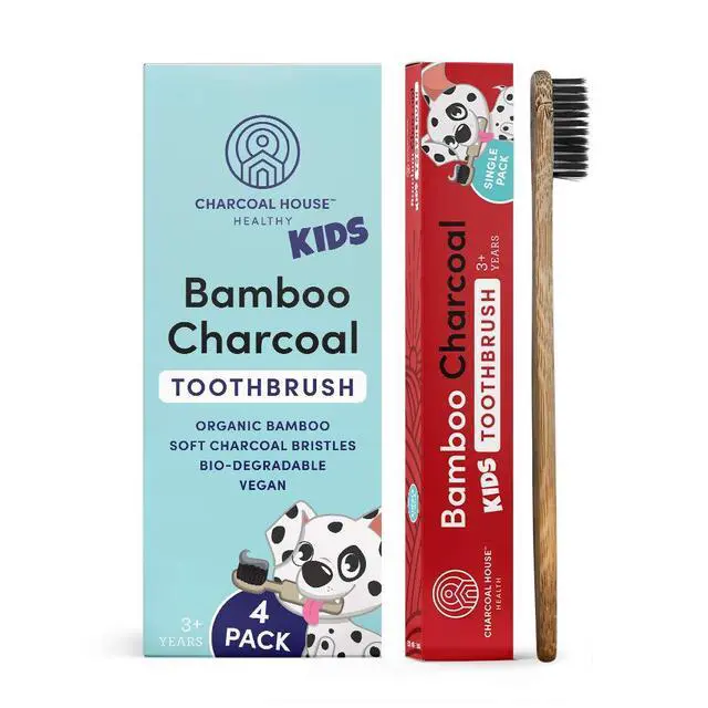 Alt view image 2 of 3 - 4-Pack Kids Organic Bamboo Charcoal Toothbrushes Set - Biodegradable & Natural - Perfect for Toddler to Children's Age - with Soft Bristles for Gentle Brushing