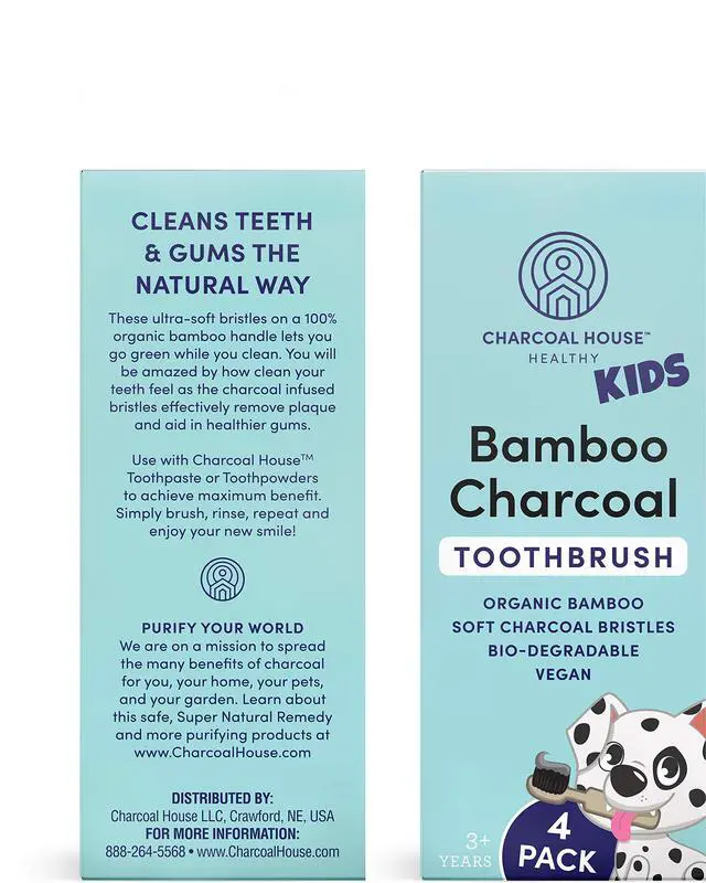 Alt view image 3 of 3 - 4-Pack Kids Organic Bamboo Charcoal Toothbrushes Set - Biodegradable & Natural - Perfect for Toddler to Children's Age - with Soft Bristles for Gentle Brushing