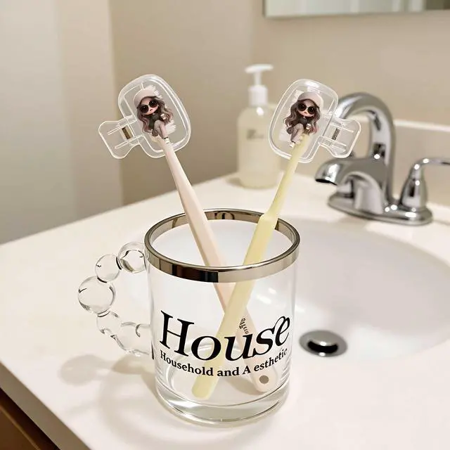 Alt view image 6 of 6 - 2pcs Toothbrush Covers Caps,Girl with Coffee 1.57x1.57inch Tooth Brush Protector Coverings Clips Portable Plastic Tooth Brush Head Case for Household Travel, Business, Camping, School, Home