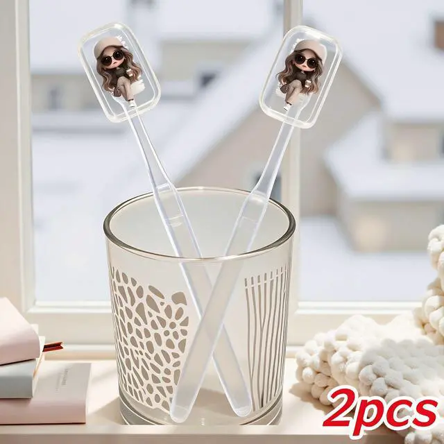 Alt view image 5 of 6 - 2pcs Toothbrush Covers Caps,Girl with Coffee 1.57x1.57inch Tooth Brush Protector Coverings Clips Portable Plastic Tooth Brush Head Case for Household Travel, Business, Camping, School, Home