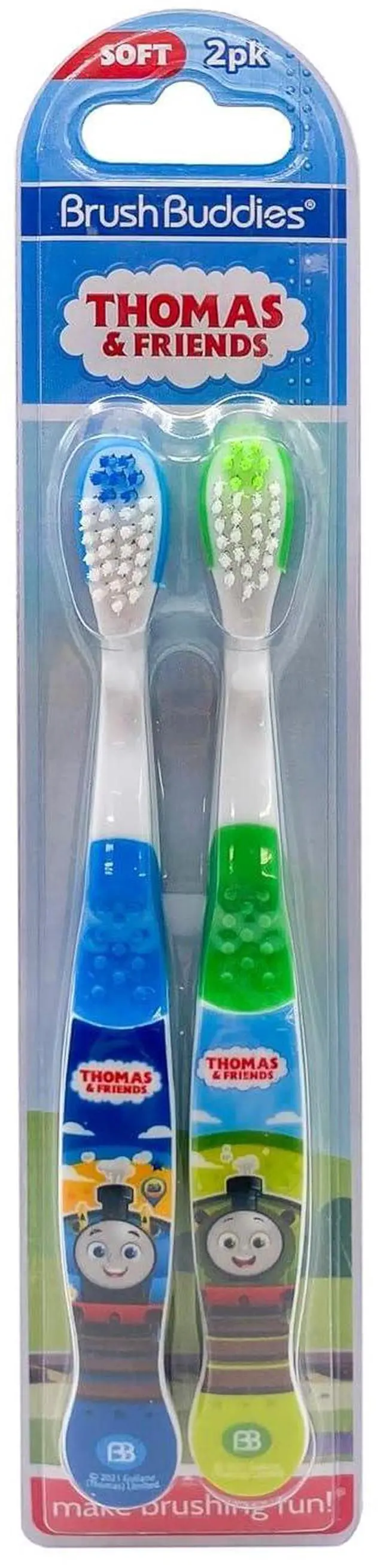Main image of Thomas and Friends Kids Toothbrush Twin Pack Manual Toothbrushes for Toddlers & Children Ages 3+ Soft Bristles Green & Blue Character Toothbrush for Boys & Girls