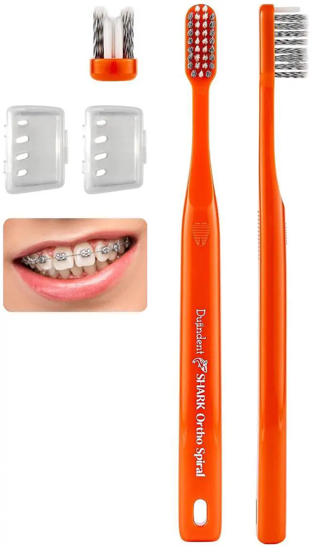 Main image of V-Shaped Orthodontic Toothbrush for Braces Spiral Bristles Braces Toothbrush for Brackets and Wires Cleaning Ergonomic Handle Indivisual Travel Cap (Shark Ortho Spiral, 2 Pack)