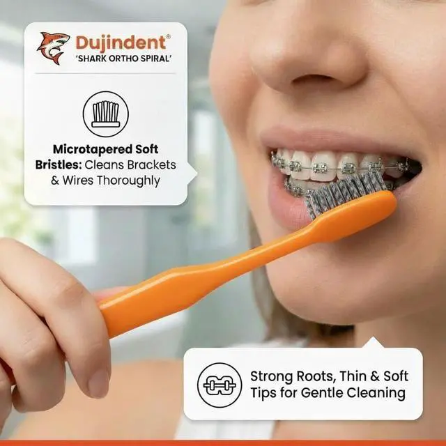 Alt view image 3 of 7 - V-Shaped Orthodontic Toothbrush for Braces Spiral Bristles Braces Toothbrush for Brackets and Wires Cleaning Ergonomic Handle Indivisual Travel Cap (Shark Ortho Spiral, 2 Pack)