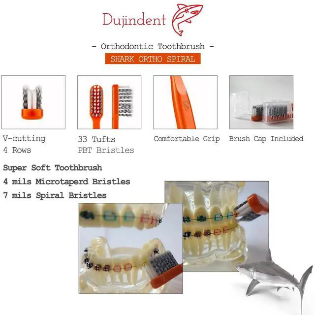 Alt view image 2 of 7 - V-Shaped Orthodontic Toothbrush for Braces Spiral Bristles Braces Toothbrush for Brackets and Wires Cleaning Ergonomic Handle Indivisual Travel Cap (Shark Ortho Spiral, 2 Pack)