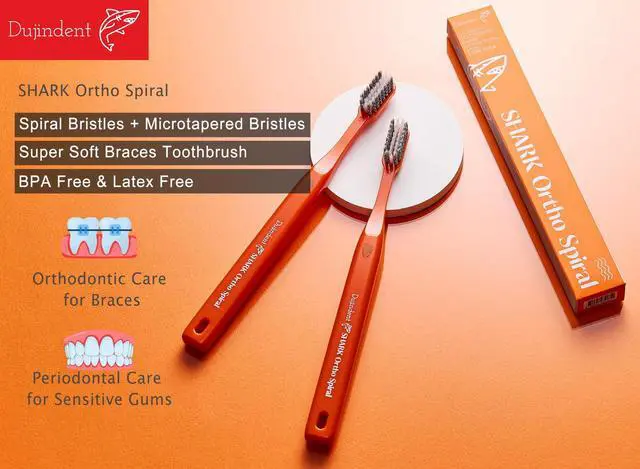 Alt view image 5 of 7 - V-Shaped Orthodontic Toothbrush for Braces Spiral Bristles Braces Toothbrush for Brackets and Wires Cleaning Ergonomic Handle Indivisual Travel Cap (Shark Ortho Spiral, 2 Pack)
