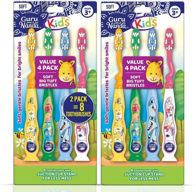 Main image of Kids Toothbrush with Suction Cup & Fun Animal Designs - Soft Bristles for Healthy Gums- Non-Slippery & Mess-Free Toothbrush, 3+ Age- 4 Count (Pack of 2)