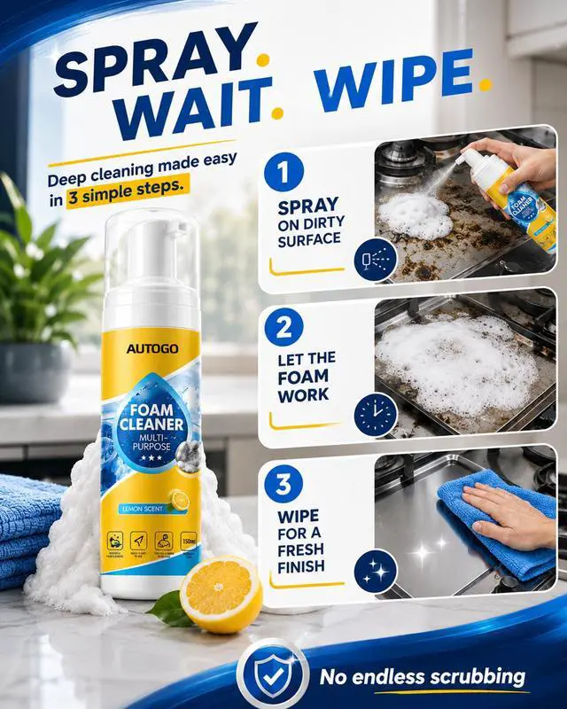 Alt view image 3 of 7 - 4-in-1 Multi-Enzyme Foam Cleaner,Multi-purpose Deep Cleaning Spray for Car Interior, Kitchen Grease, Bathroom Tiles, Sofa (Lemon Fresh Scent)
