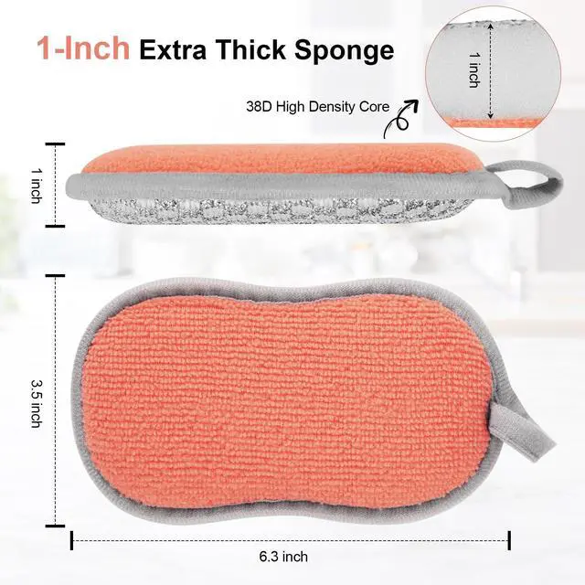 Alt view image 2 of 7 - Kitchen Sponges for Washing Dishes, 1 Inch Thick Dual-Sided Dish Sponge | Non Scratch Sponges with Microfiber & Metal Scrubber, Reusable Sponges for Dishes, Pots, Glass, Sink, Stovetop & Bathroom