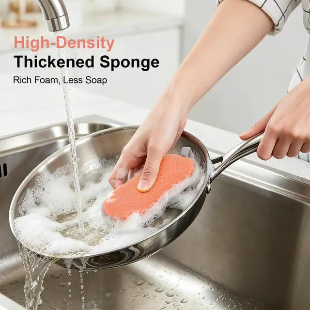Alt view image 3 of 7 - Kitchen Sponges for Washing Dishes, 1 Inch Thick Dual-Sided Dish Sponge | Non Scratch Sponges with Microfiber & Metal Scrubber, Reusable Sponges for Dishes, Pots, Glass, Sink, Stovetop & Bathroom