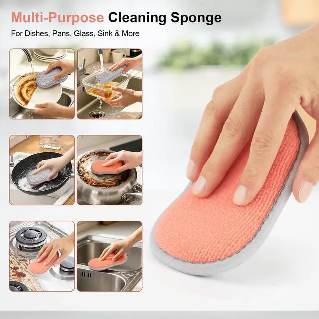 Alt view image 4 of 7 - Kitchen Sponges for Washing Dishes, 1 Inch Thick Dual-Sided Dish Sponge | Non Scratch Sponges with Microfiber & Metal Scrubber, Reusable Sponges for Dishes, Pots, Glass, Sink, Stovetop & Bathroom