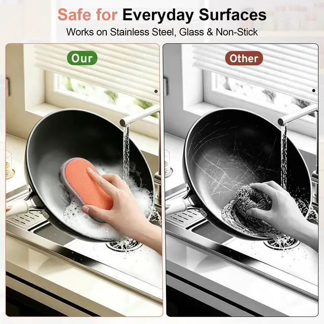 Alt view image 5 of 7 - Kitchen Sponges for Washing Dishes, 1 Inch Thick Dual-Sided Dish Sponge | Non Scratch Sponges with Microfiber & Metal Scrubber, Reusable Sponges for Dishes, Pots, Glass, Sink, Stovetop & Bathroom
