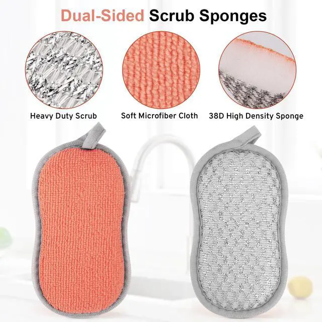 Alt view image 6 of 7 - Kitchen Sponges for Washing Dishes, 1 Inch Thick Dual-Sided Dish Sponge | Non Scratch Sponges with Microfiber & Metal Scrubber, Reusable Sponges for Dishes, Pots, Glass, Sink, Stovetop & Bathroom