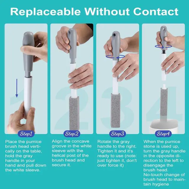 Alt view image 2 of 7 - 4 Pack Toilet Pumice Stone with Long Handle,Pumice Stone Toilet Bowl Cleaner,1 Cleaning Handle, 4 No Touch Replaceable Piedra Pomez for Cleaning Toilets, Bathtubs, Grills, Swimming Pools, Sinks