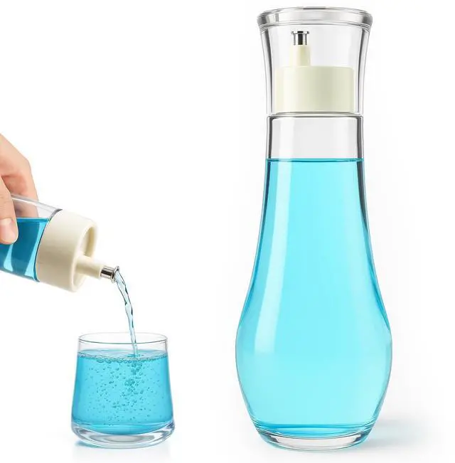 Main image of Clear Glass Mouthwash Dispenser with Cup Lid for Bathroom, 8.8 fl oz | Refillable Mouthwash Container Bottle for Countertop