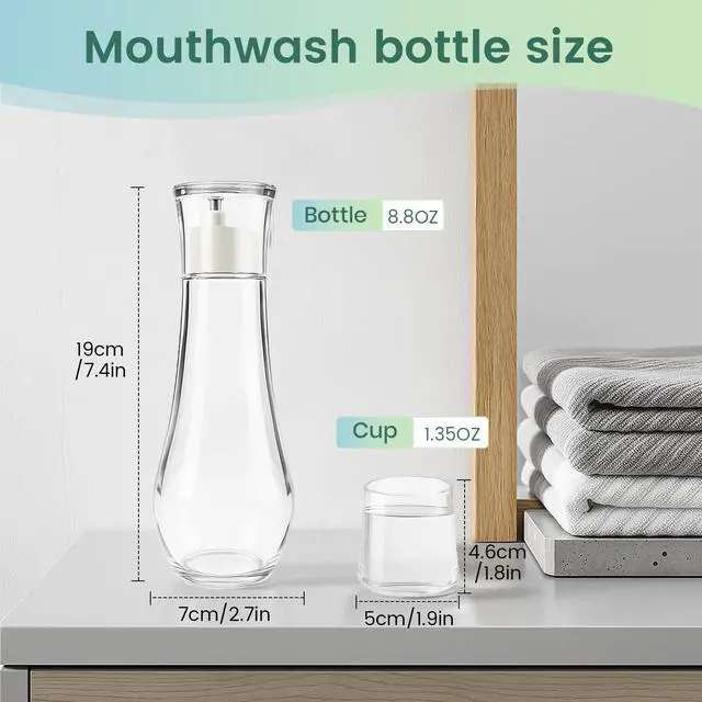 Alt view image 2 of 7 - Clear Glass Mouthwash Dispenser with Cup Lid for Bathroom, 8.8 fl oz | Refillable Mouthwash Container Bottle for Countertop