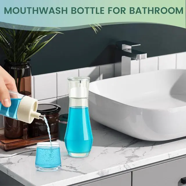 Alt view image 6 of 7 - Clear Glass Mouthwash Dispenser with Cup Lid for Bathroom, 8.8 fl oz | Refillable Mouthwash Container Bottle for Countertop