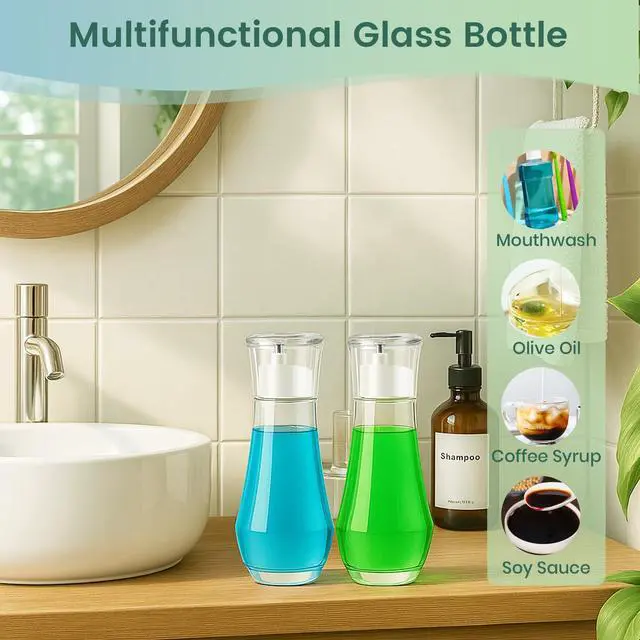 Alt view image 5 of 7 - Clear Glass Mouthwash Dispenser with Cup Lid for Bathroom, 8.8 fl oz | Refillable Mouthwash Container Bottle for Countertop