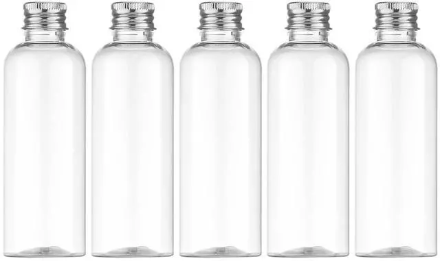Main image of Travel Bottles for Toiletries, 3.4oz Mouthwash Container, Screw Top | 5 Pack, small size plastic bottles empty, for liquids & shampoo, with silvery twist cap, TSA, leak-proof, clear, 100ml