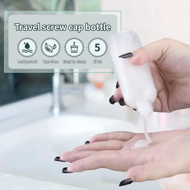 Alt view image 3 of 6 - Travel Bottles for Toiletries, 3.4oz Mouthwash Container, Screw Top | 5 Pack, small size plastic bottles empty, for liquids & shampoo, with silvery twist cap, TSA, leak-proof, clear, 100ml