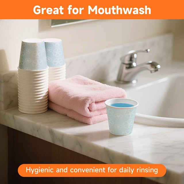 Alt view image 4 of 7 - 100 Pack 3 oz Bathroom Paper Cups for Mouthwash, Mist Blue | Food-grade paper, reinforced rolled rim, leak-resistant and stackable, for mouthwash, medicine, espresso and kids drinks