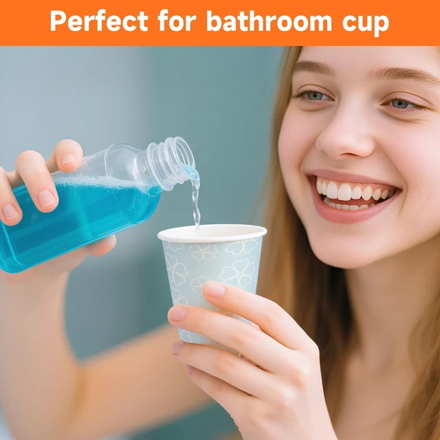 Alt view image 6 of 7 - 100 Pack 3 oz Bathroom Paper Cups for Mouthwash, Mist Blue | Food-grade paper, reinforced rolled rim, leak-resistant and stackable, for mouthwash, medicine, espresso and kids drinks