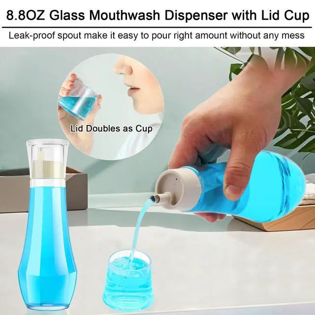 Alt view image 2 of 6 - Glass Mouthwash Dispenser for Bathroom, 8.8OZ Mouth Wash Container Bottle with Lid Cup, Small Clear Refillable Mouthwash Holder Decanter for Countertop, Multifunctional Glass Bottle