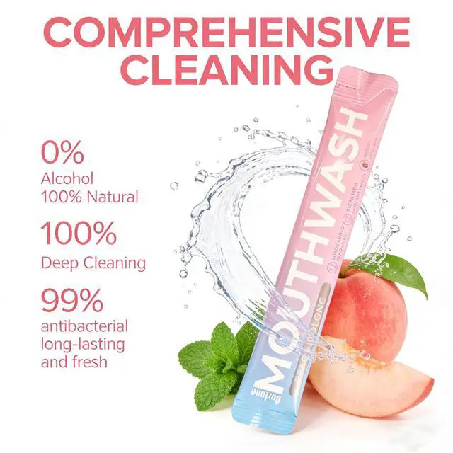 Alt view image 2 of 7 - Peach Oolong Travel Size Mouthwash Packets Alcohol Free Portable Mouthwash for Fresh Breath, 0.5 Fl Oz Individual Disposable Packets, 20 Pack.