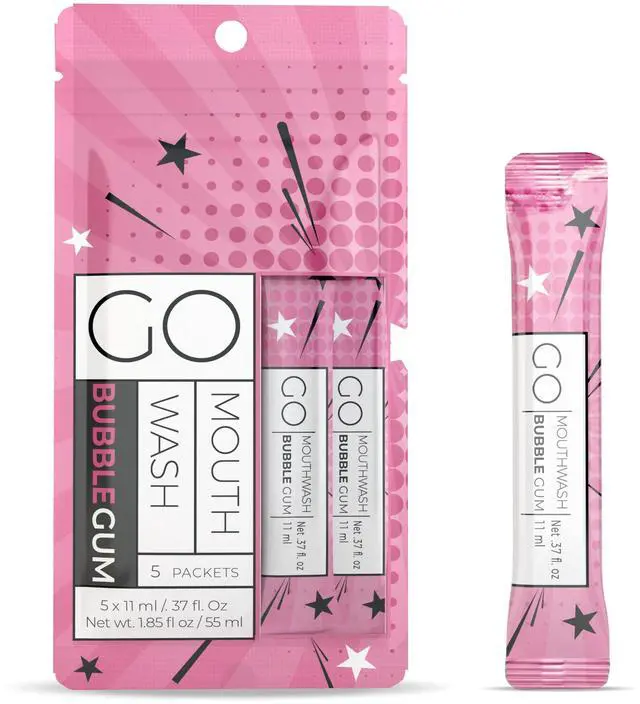 Main image of Packets Bubblegum Flavor - Adult and Kids Mouthwash with Fluoride Free Formula, Alcohol Free, Dye-Free Formula that Contains Xylitol - Perfect Bulk Mouthwash for Lunch Boxes and Travel