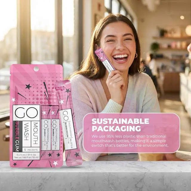 Alt view image 4 of 6 - Packets Bubblegum Flavor - Adult and Kids Mouthwash with Fluoride Free Formula, Alcohol Free, Dye-Free Formula that Contains Xylitol - Perfect Bulk Mouthwash for Lunch Boxes and Travel