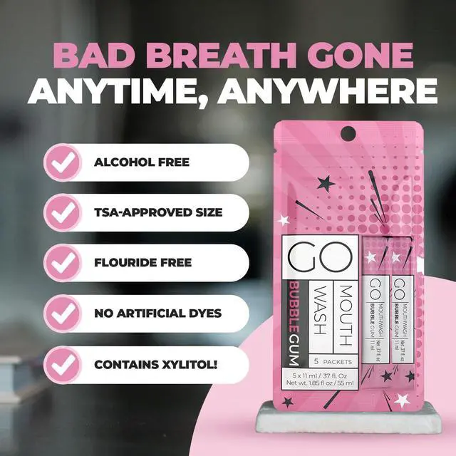 Alt view image 5 of 6 - Packets Bubblegum Flavor - Adult and Kids Mouthwash with Fluoride Free Formula, Alcohol Free, Dye-Free Formula that Contains Xylitol - Perfect Bulk Mouthwash for Lunch Boxes and Travel