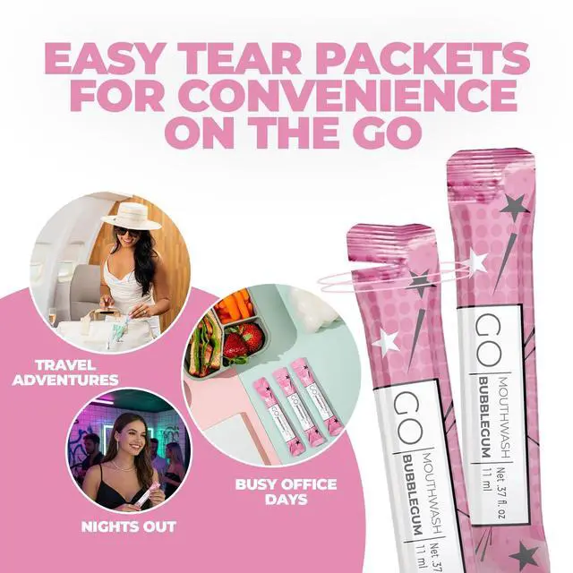 Alt view image 6 of 6 - Packets Bubblegum Flavor - Adult and Kids Mouthwash with Fluoride Free Formula, Alcohol Free, Dye-Free Formula that Contains Xylitol - Perfect Bulk Mouthwash for Lunch Boxes and Travel