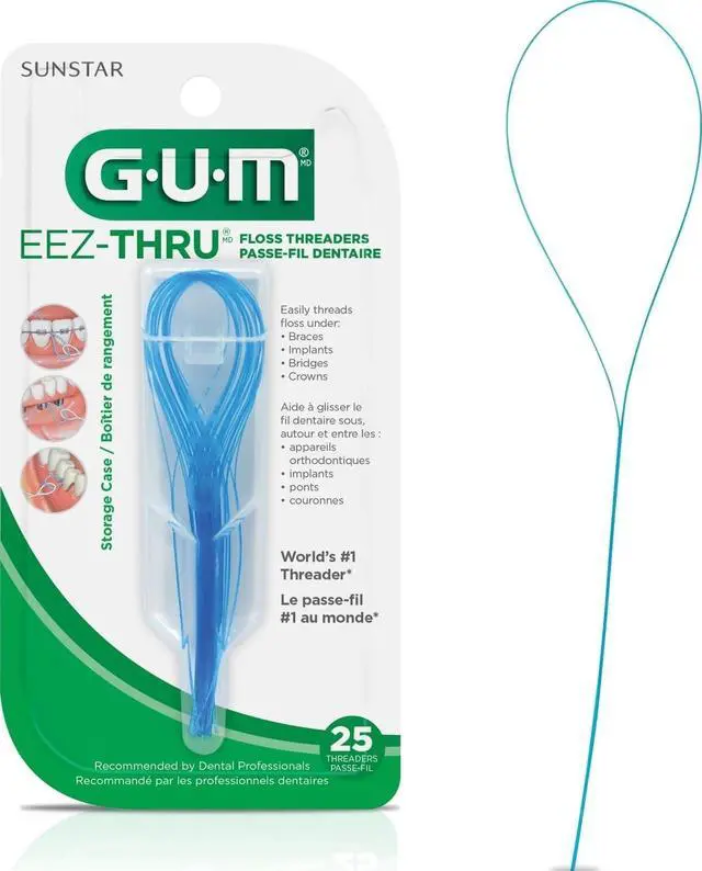 Main image of EEZ-Thru Floss Threaders for Braces, Bridges, & Implants, 25 Count | Flexible nylon, Works with all dental floss, Fits dental implants too, Includes plastic travel case, Dentist recommended