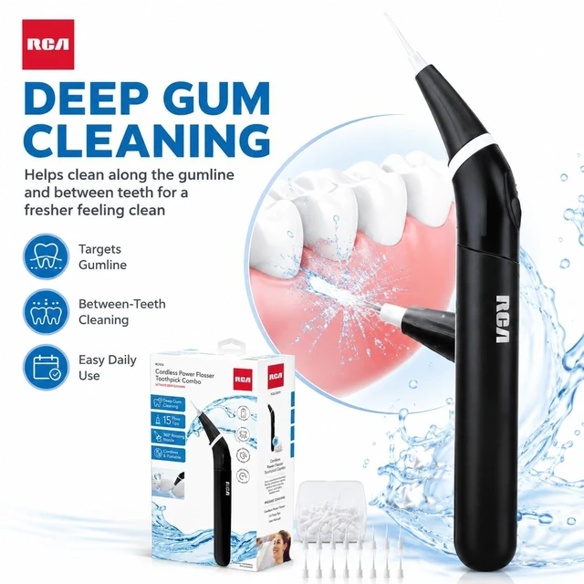 Alt view image 2 of 7 - Cordless Power Flosser Toothpick Combo, Electric Flosser for Teeth with 15 Floss Tips, 360° Rotating Nozzle, Portable Battery Powered Dental Flosser