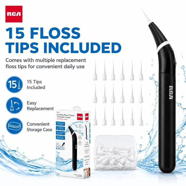Alt view image 3 of 7 - Cordless Power Flosser Toothpick Combo, Electric Flosser for Teeth with 15 Floss Tips, 360° Rotating Nozzle, Portable Battery Powered Dental Flosser