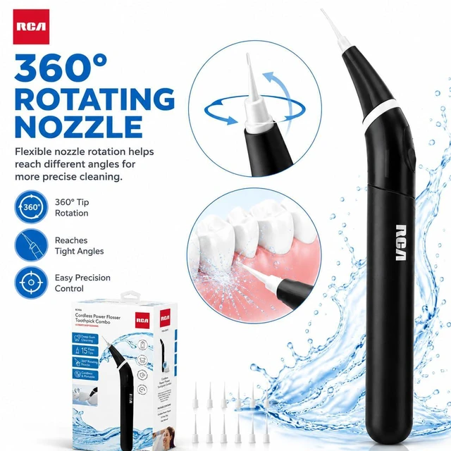 Alt view image 4 of 7 - Cordless Power Flosser Toothpick Combo, Electric Flosser for Teeth with 15 Floss Tips, 360° Rotating Nozzle, Portable Battery Powered Dental Flosser