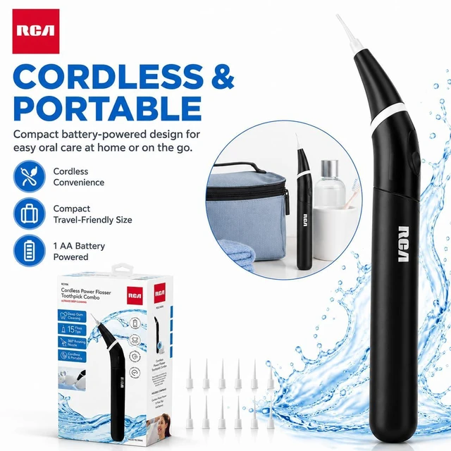 Alt view image 5 of 7 - Cordless Power Flosser Toothpick Combo, Electric Flosser for Teeth with 15 Floss Tips, 360° Rotating Nozzle, Portable Battery Powered Dental Flosser