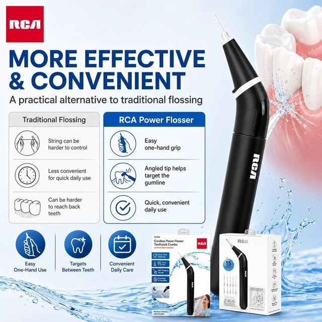 Alt view image 7 of 7 - Cordless Power Flosser Toothpick Combo, Electric Flosser for Teeth with 15 Floss Tips, 360° Rotating Nozzle, Portable Battery Powered Dental Flosser