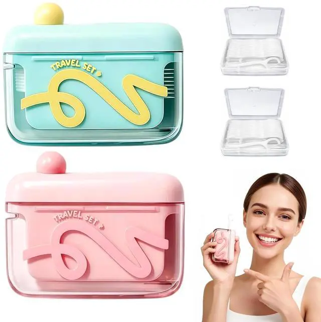 Main image of 2 PCS Portable Floss Dispenser with 100 Count Dental Flosser Refillable | Pop-Up Automatic Toothpick Dispenser for On-the-Go, , Restaurant & Home Oral Care (Pink, Blue-Green)