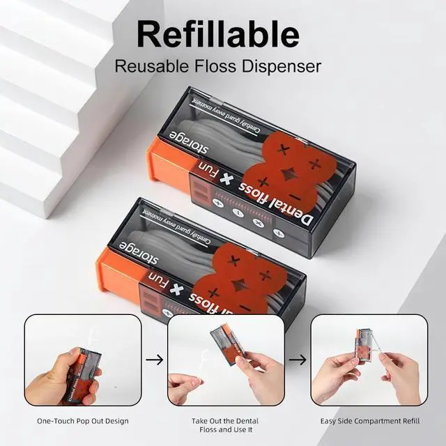 Alt view image 2 of 7 - Dental Floss Pick Dispenser for Aduts,2PCS Orange Travel Portable Floss Sticks Case with 20 Count Disposabe Flosser,Pop-up Dating Hotels Toothpick Holder Box Kit for Teeth Clean