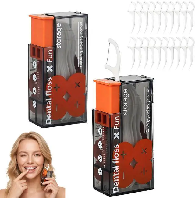 Main image of Dental Floss Pick Dispenser for Aduts,2PCS Orange Travel Portable Floss Sticks Case with 20 Count Disposabe Flosser,Pop-up Dating Hotels Toothpick Holder Box Kit for Teeth Clean